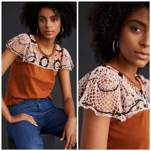 Anthropologie Crochet Flutter Sleeve Brown Pink Black Top, S